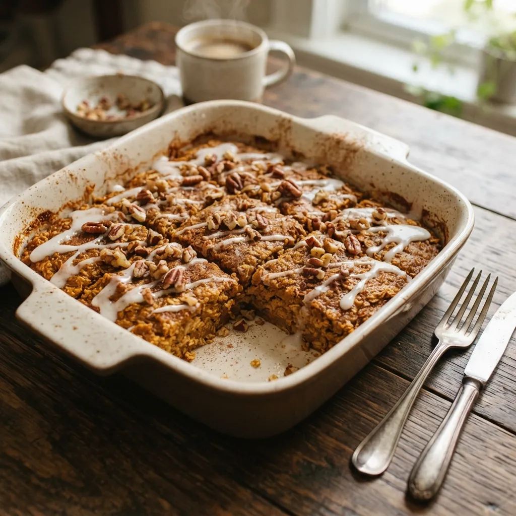 A square baking dish containing sliced pumpkin baked oatmeal, topped with a white icing drizzle and chopped pecans, sitting on a wooden table next to two forks.