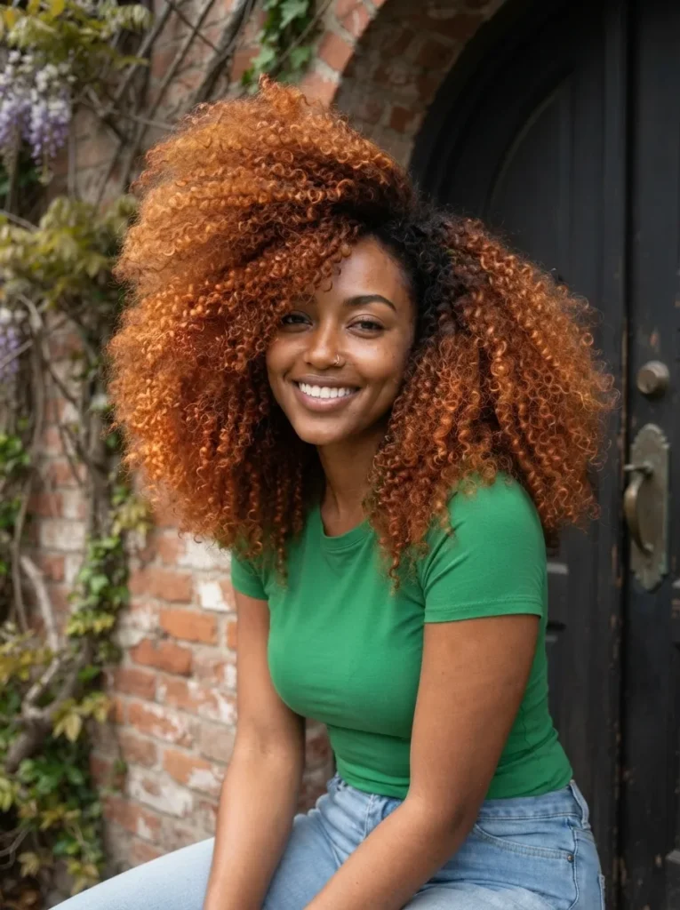 A smiling woman with a large, voluminous red-brown afro wearing a green t-shirt and jeans, seated outdoors near a brick wall and dark door
