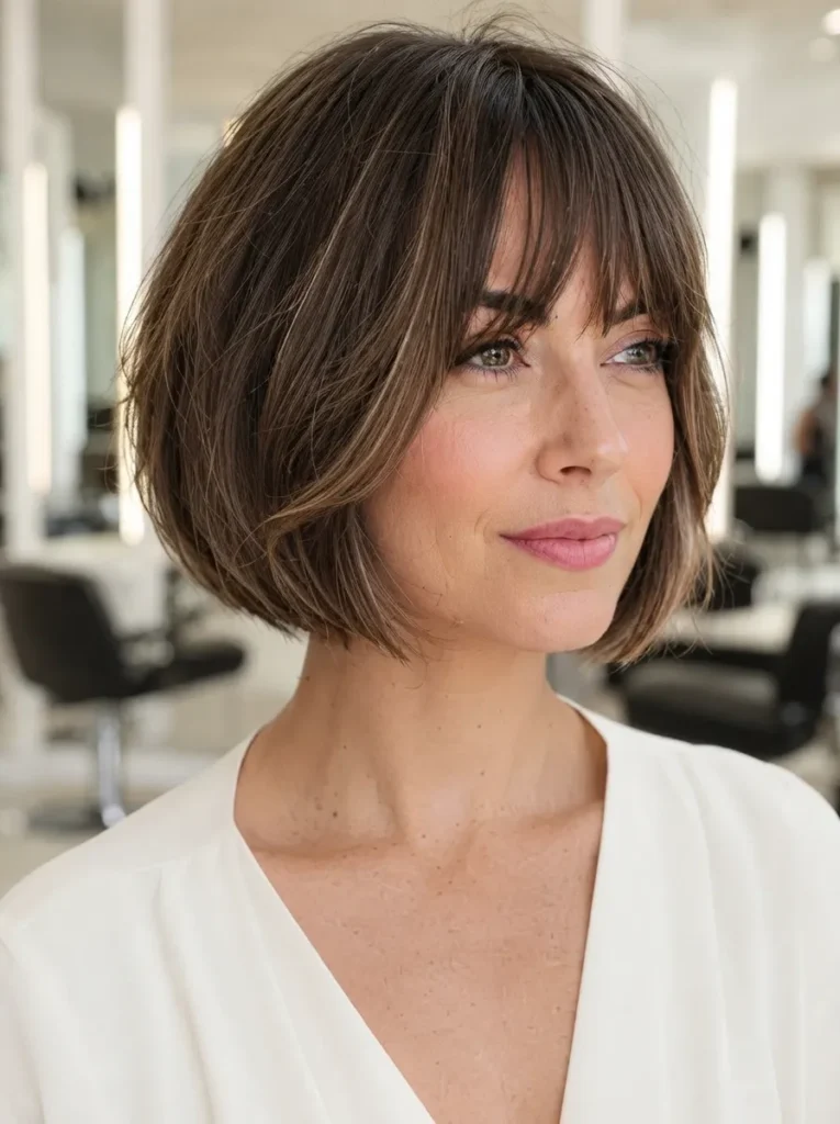 Woman with sleek brown bob haircut featuring subtle highlights and fringe bangs in a bright salon.