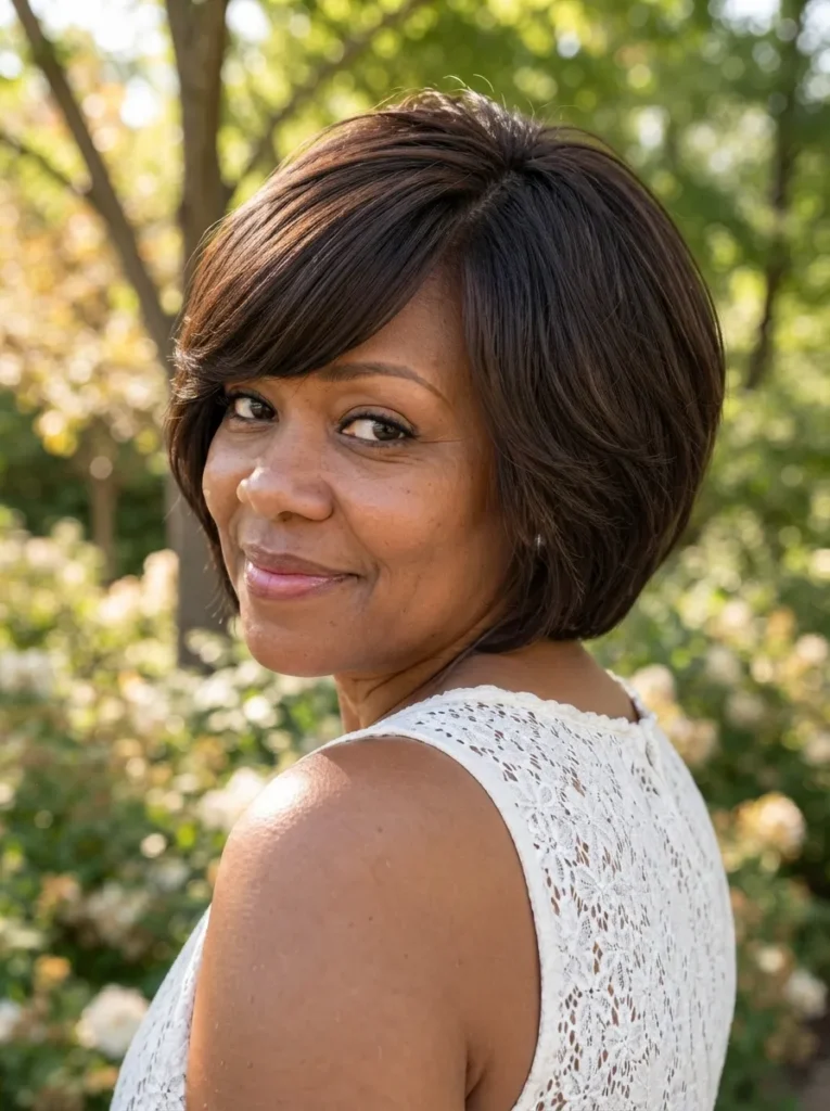 Smiling woman looking back over her shoulder with a smooth rounded dark brown bob haircut with side-swept bangs.