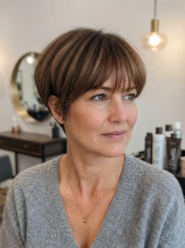 Woman wearing a grey sweater with a rounded bowl-style pixie cut and straight-across wispy bangs