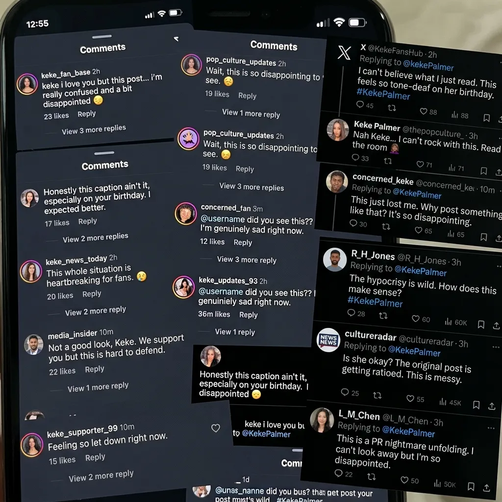 A collage of smartphone screenshots displaying negative and disappointed social media comments from platforms like Instagram and X (formerly Twitter) directed at Keke Palmer.