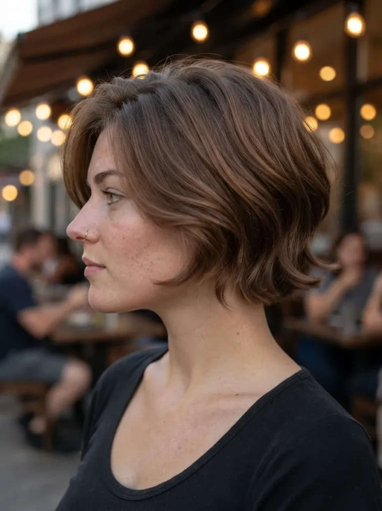 Side profile of a woman with a wavy brown layered bob haircut outdoors in warm evening light.