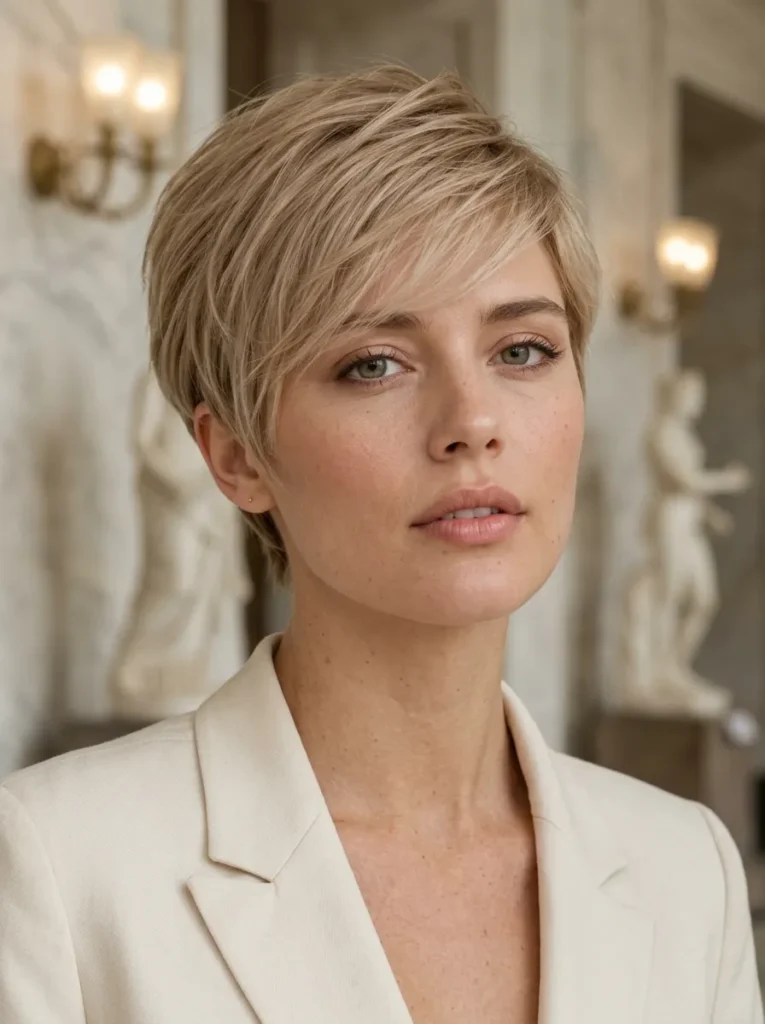 Frontal portrait of a woman with a soft, side-parted light blonde pixie cut, wearing a cream blazer.