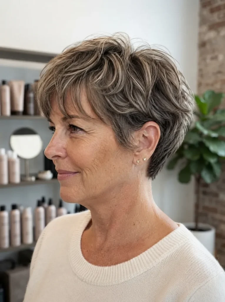 Side view of a woman wearing a beige sweater with a short layered grey pixie haircut