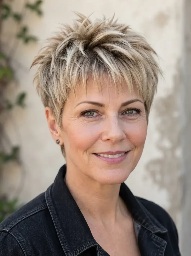 Portrait of a mature woman with a spiky blonde pixie cut and black denim jacket