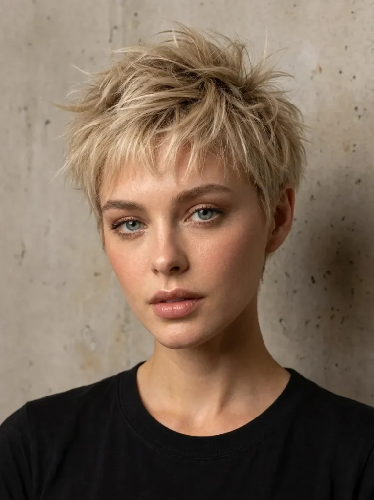 Frontal view of a woman with a choppy, messy ash blonde pixie cut, wearing a black t-shirt.