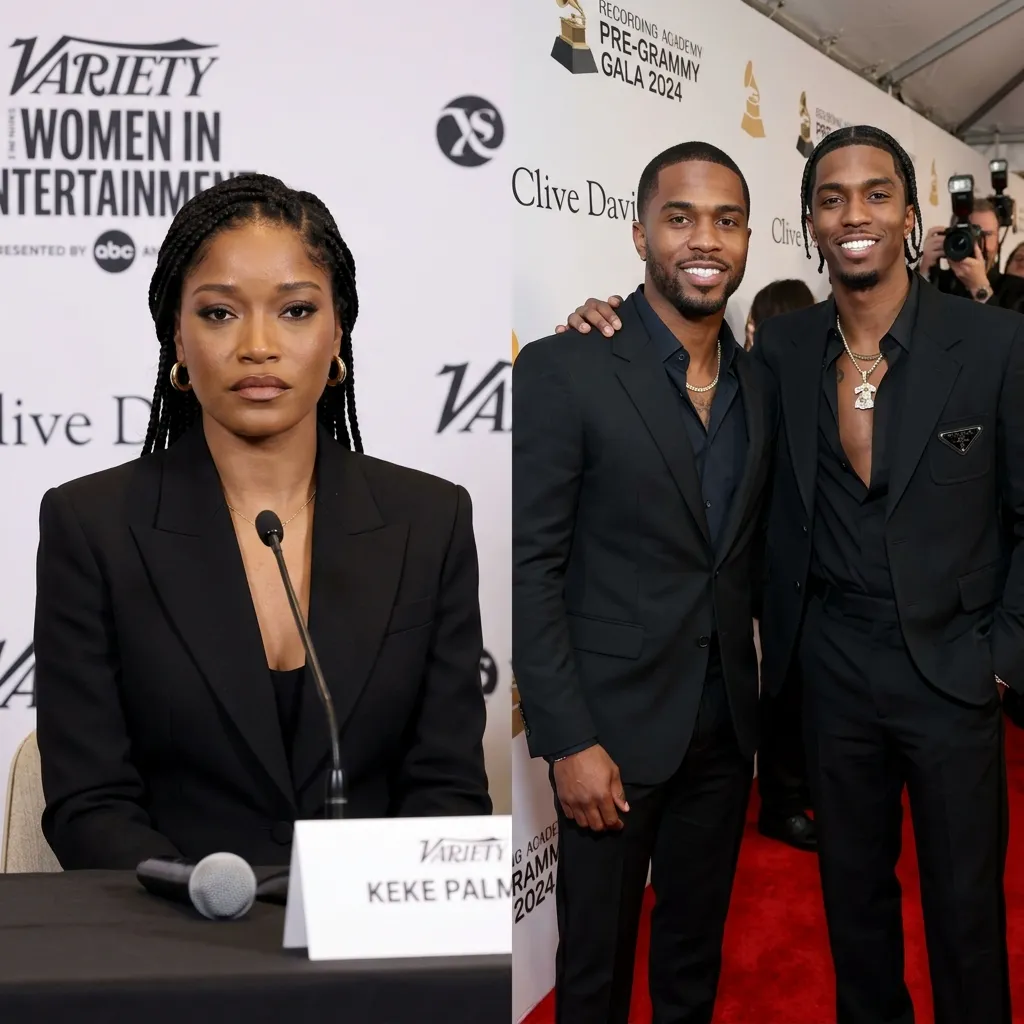 A side-by-side split image. The left side shows Keke Palmer looking serious in a black suit at a Variety Women in Entertainment press panel. The right side shows two men in black suits smiling together at a Pre-Grammy Gala red carpet.