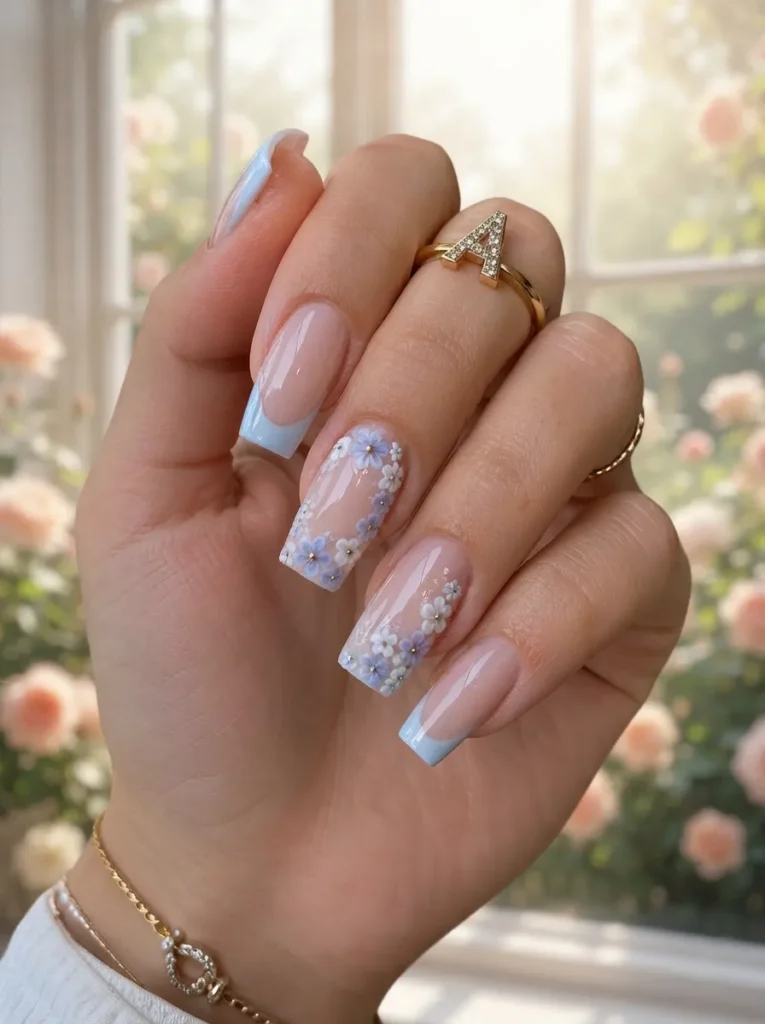 Square-shaped nails with light blue French tips, detailed floral nail art, and gold rings including an initial ring.