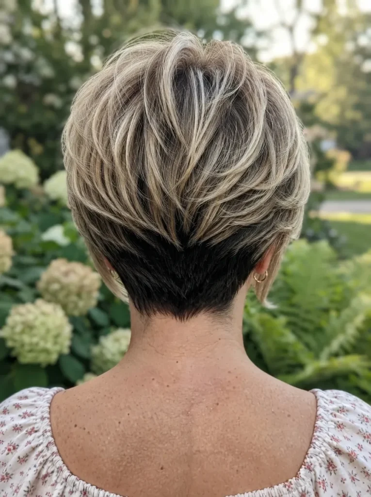Back view of a woman featuring a short stacked layered bob haircut with blonde highlights over a dark undercut.