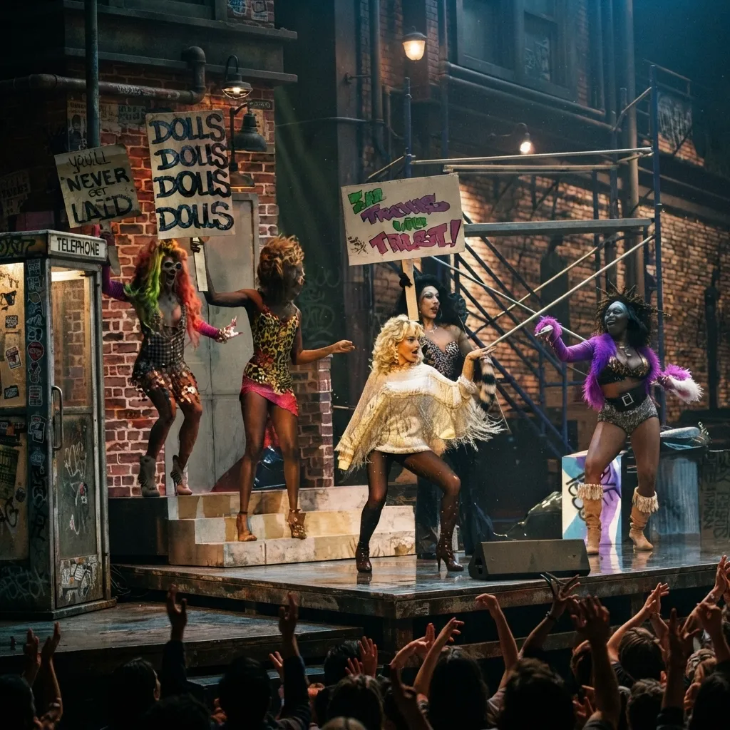 A stage performance featuring dancers holding protest signs on an urban street set with a telephone booth.