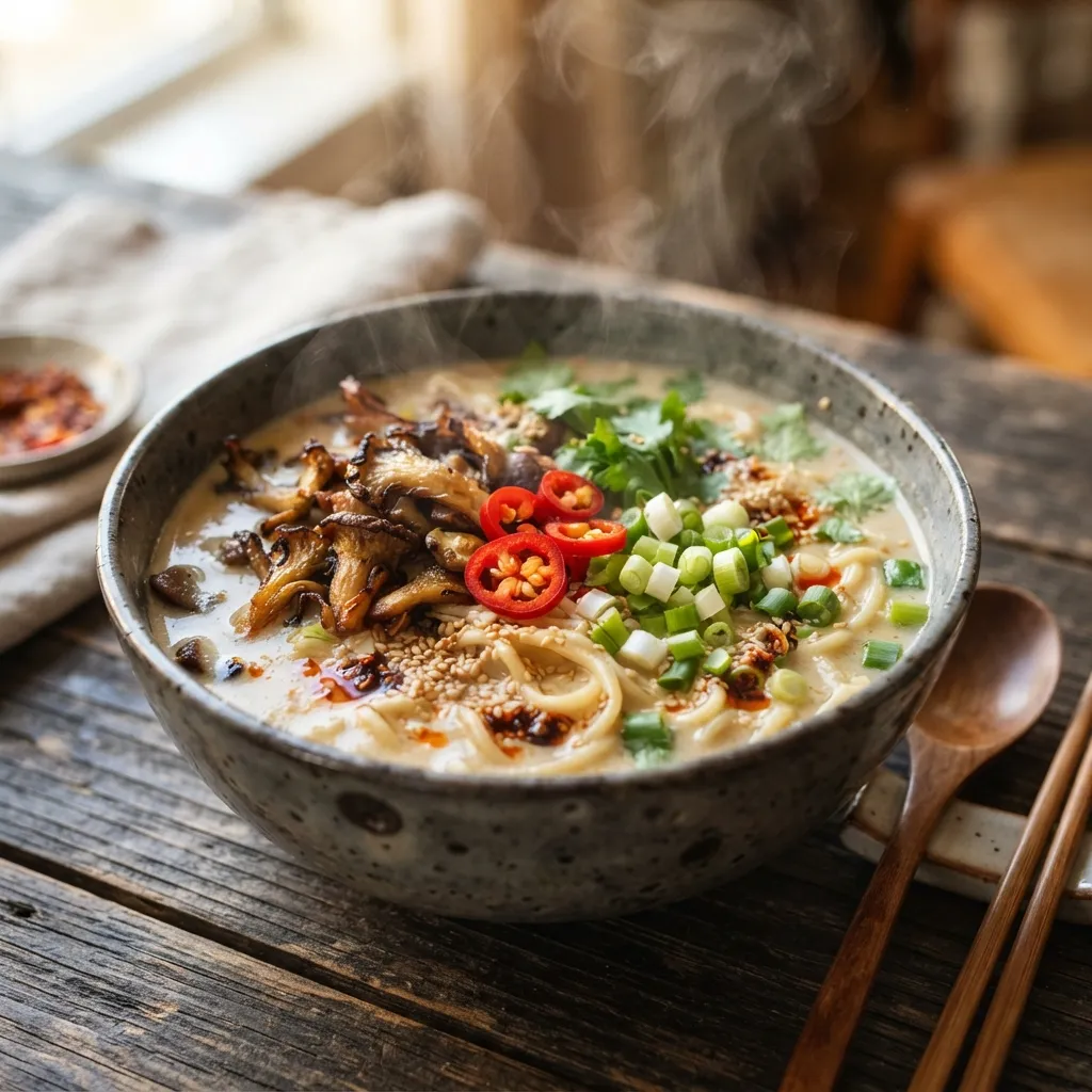 Steaming bowl of creamy noodle soup topped with sautéed mushrooms, scallions, cilantro, and sliced red chili.