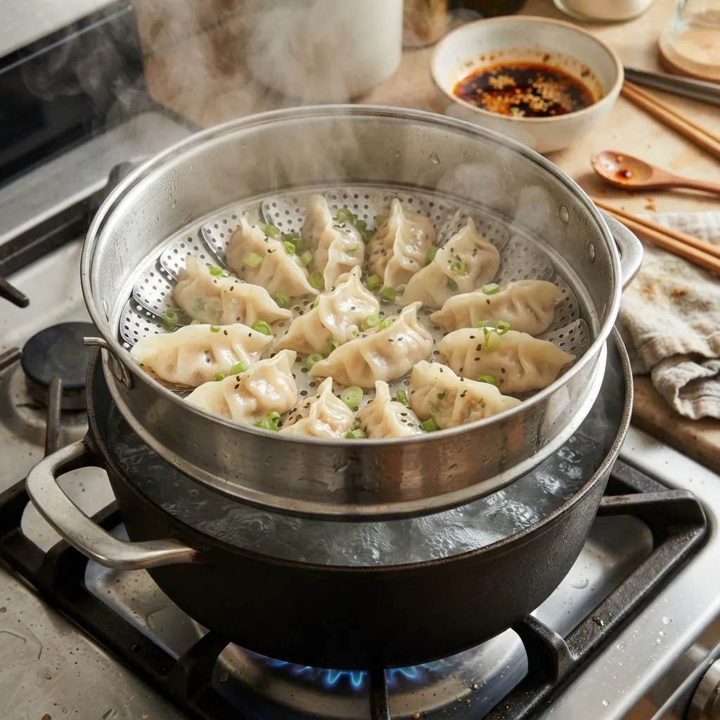 A metal steamer basket filled with freshly steamed gyoza dumplings sits over a pot of boiling water on a stovetop, with steam rising around them.