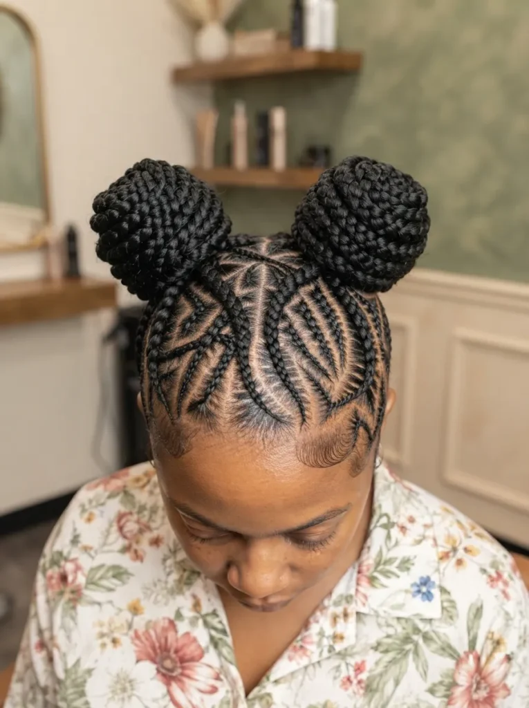 Front-angle view of a woman wearing intricate stitch cornrows styled into double space buns.