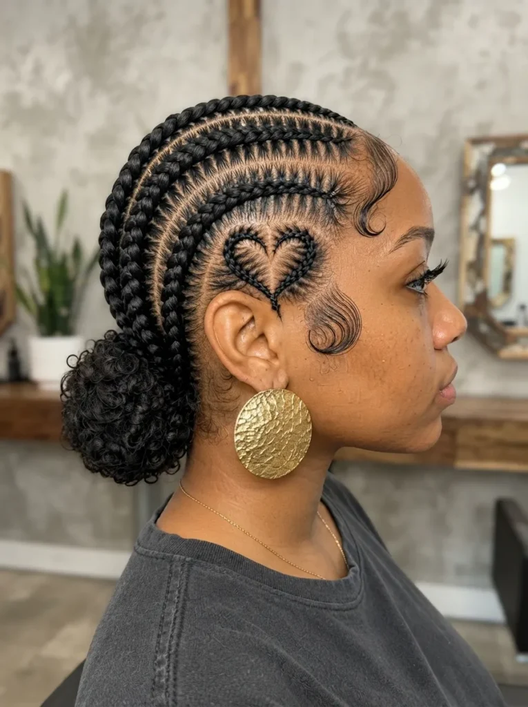 Stitch braids featuring a side heart part and a low curly bun
