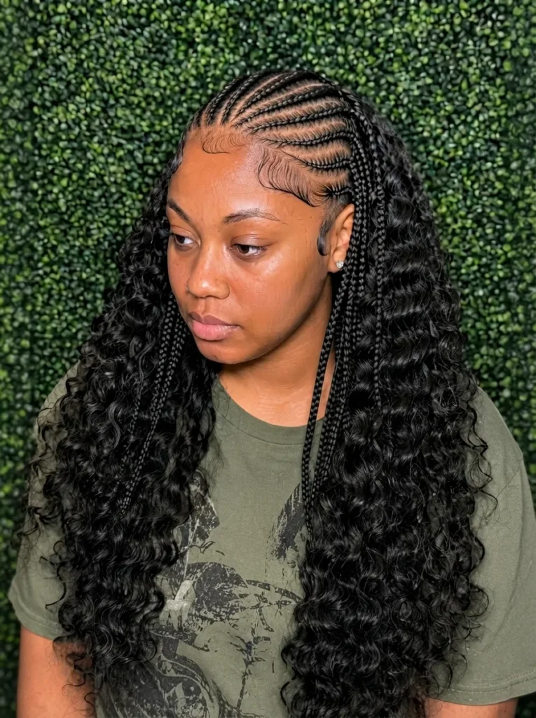 A woman wearing stitch cornrows with a long curly weave and neatly laid edges