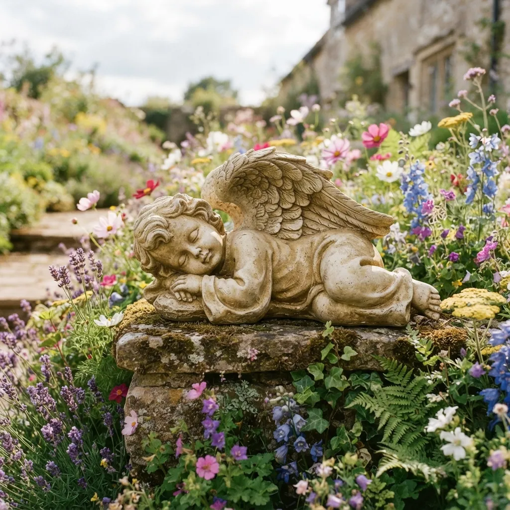 A small, weathered stone statue of a sleeping cherub angel resting on a mossy stone wall surrounded by a colorful array of blooming garden flowers and green foliage.
