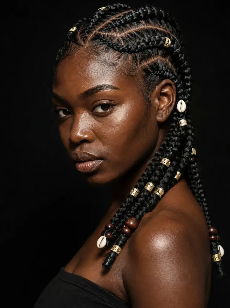 Close-up portrait of a woman against a dark background wearing straight-back cornrows embellished with gold cuffs and beads.