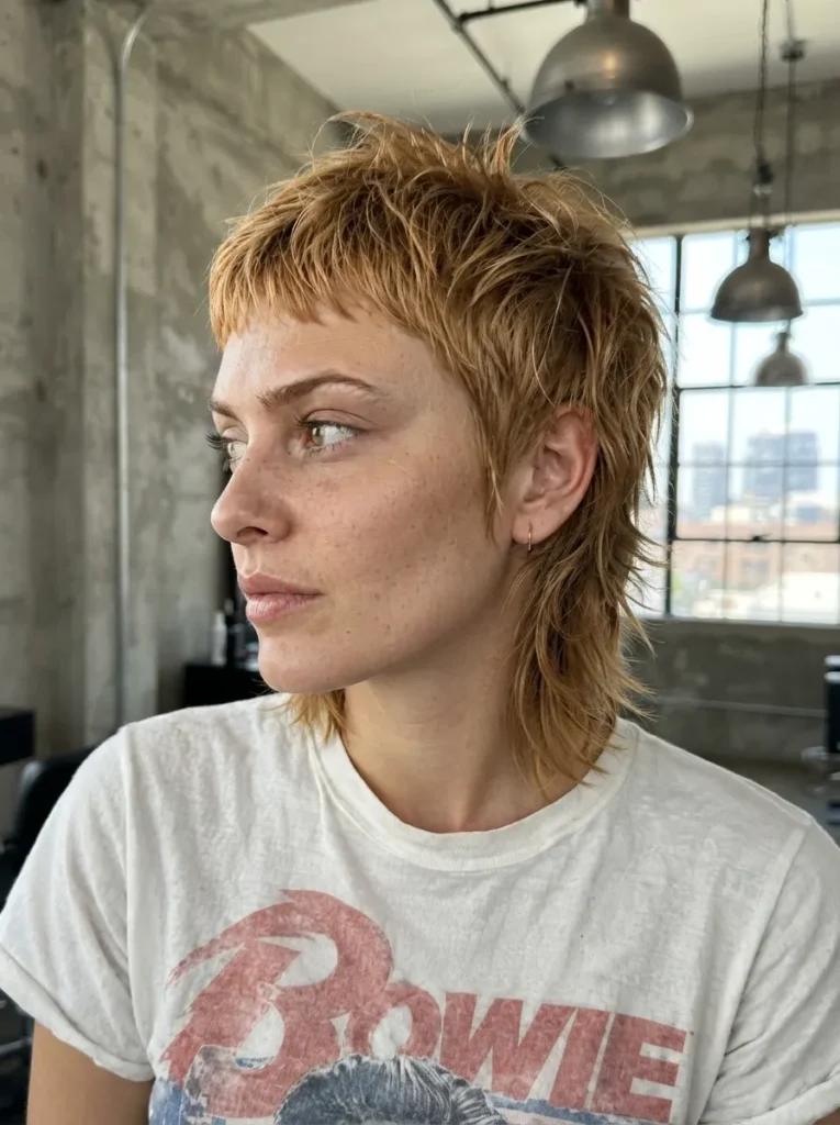 Woman with a strawberry blonde choppy pixie mullet haircut and micro bangs wearing a vintage t-shirt.