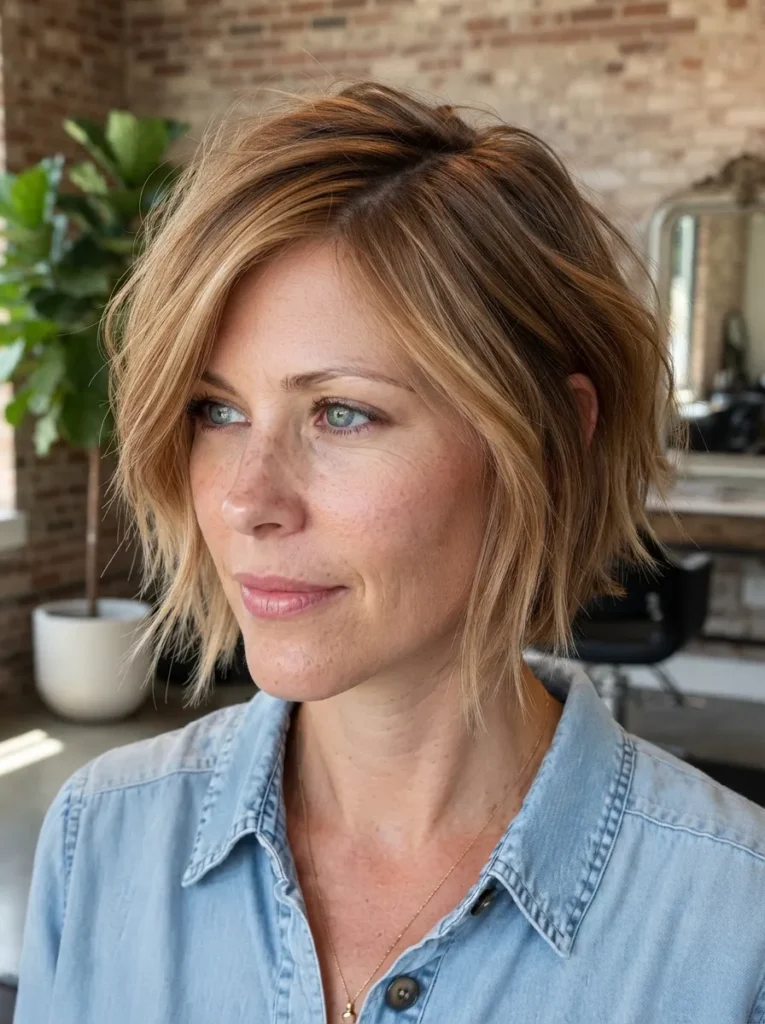 A woman with a strawberry blonde textured side-part bob wearing a denim shirt.