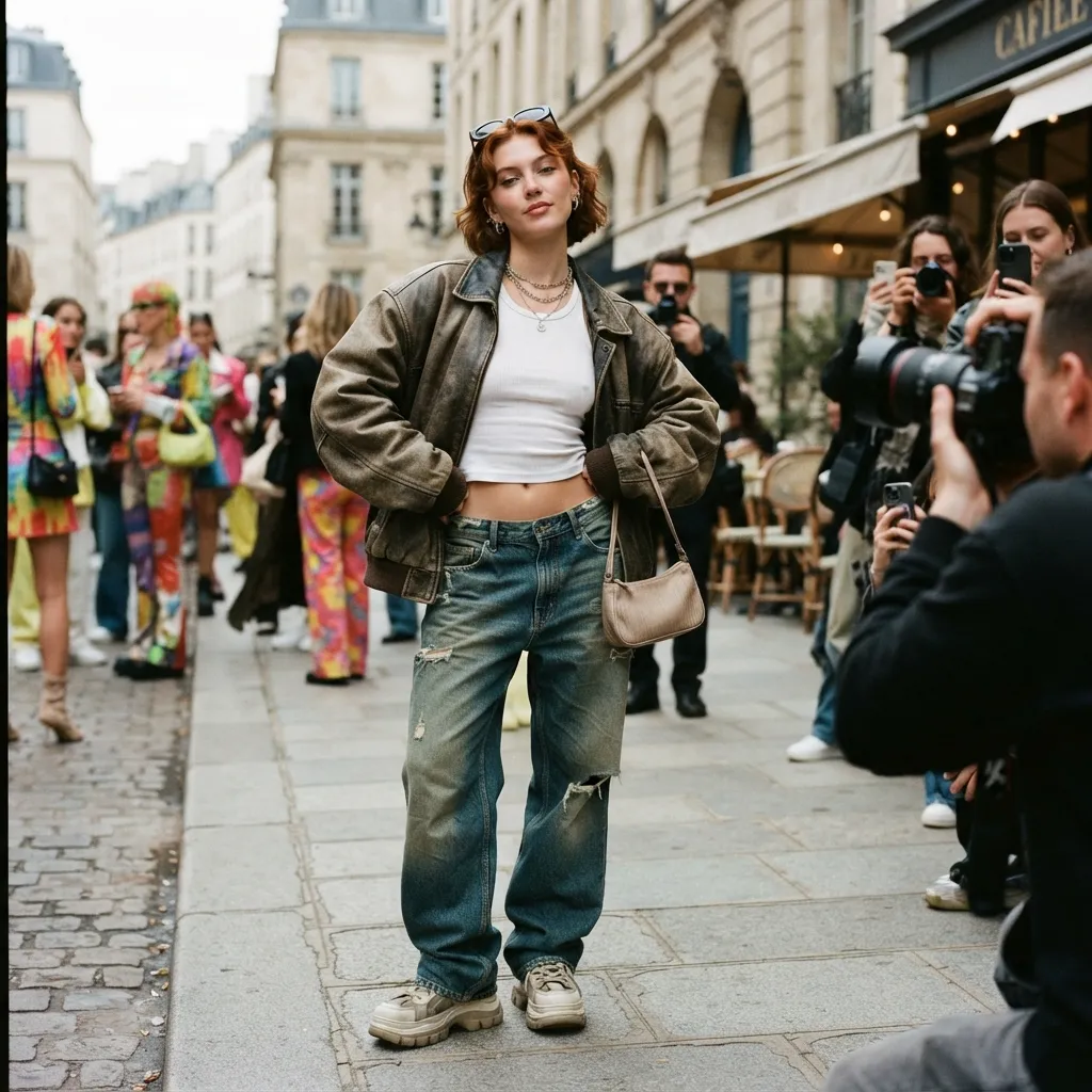 A fashion model wearing a vintage leather jacket and distressed jeans posing on a street in Paris.