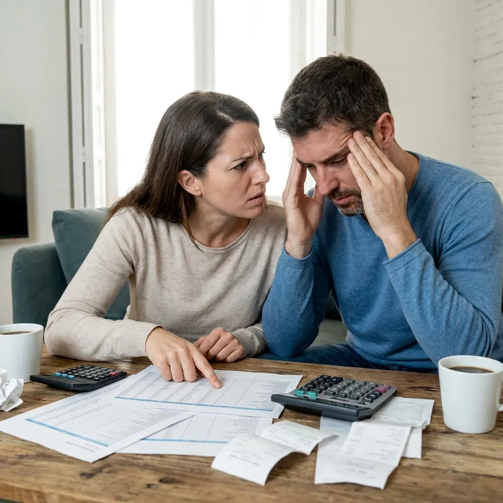 A stressed couple sitting at a wooden table surrounded by financial documents, receipts, and calculators, with the man holding his head in his hands and the woman pointing at a spreadsheet with an anxious expression.