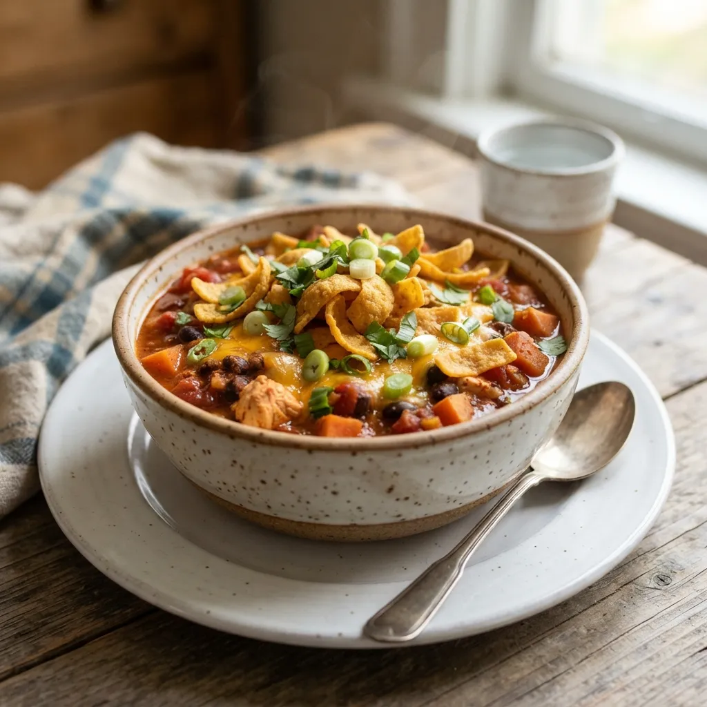 Bowl of sweet potato and black bean chili topped with melted cheese, crunchy corn chips, and fresh scallions.