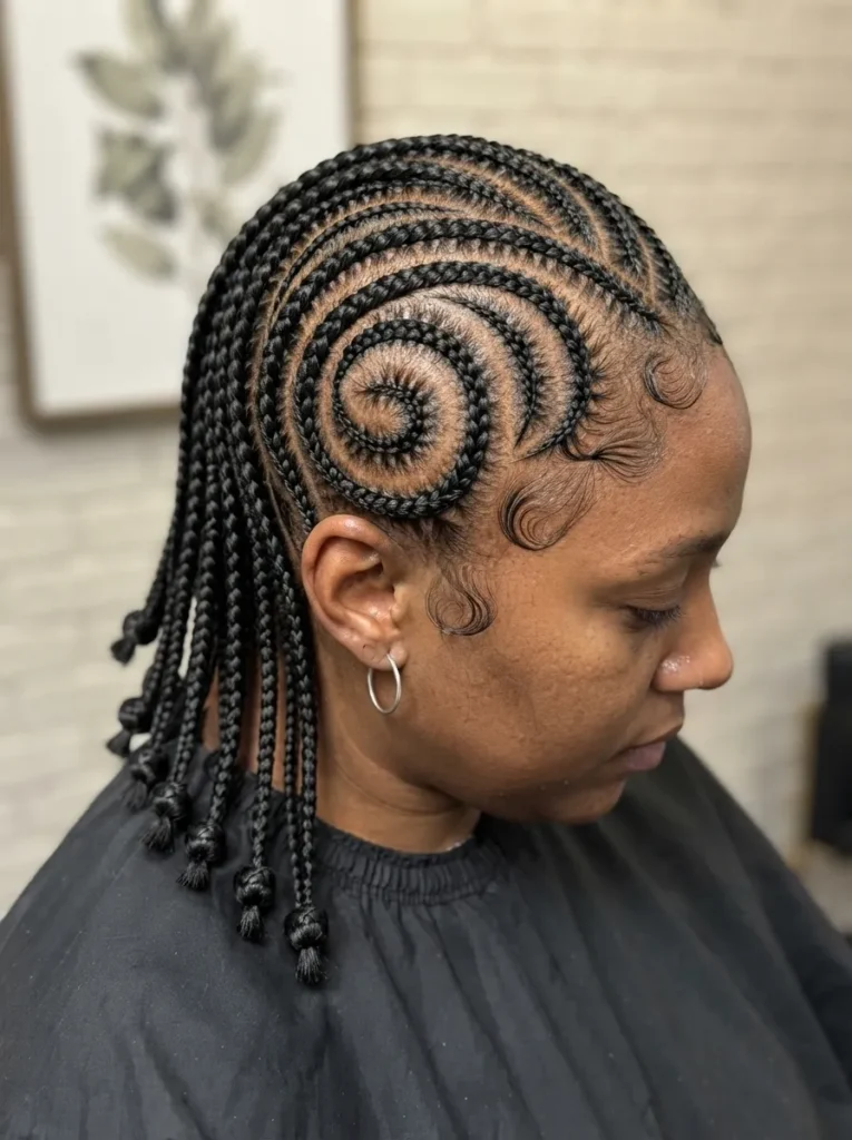 Side profile of a woman with intricate swirling spiral cornrows that flow into knotted ends down her back
