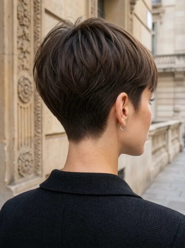 Back and side view showing the clean, tapered nape and layered crown of a brunette pixie cut.