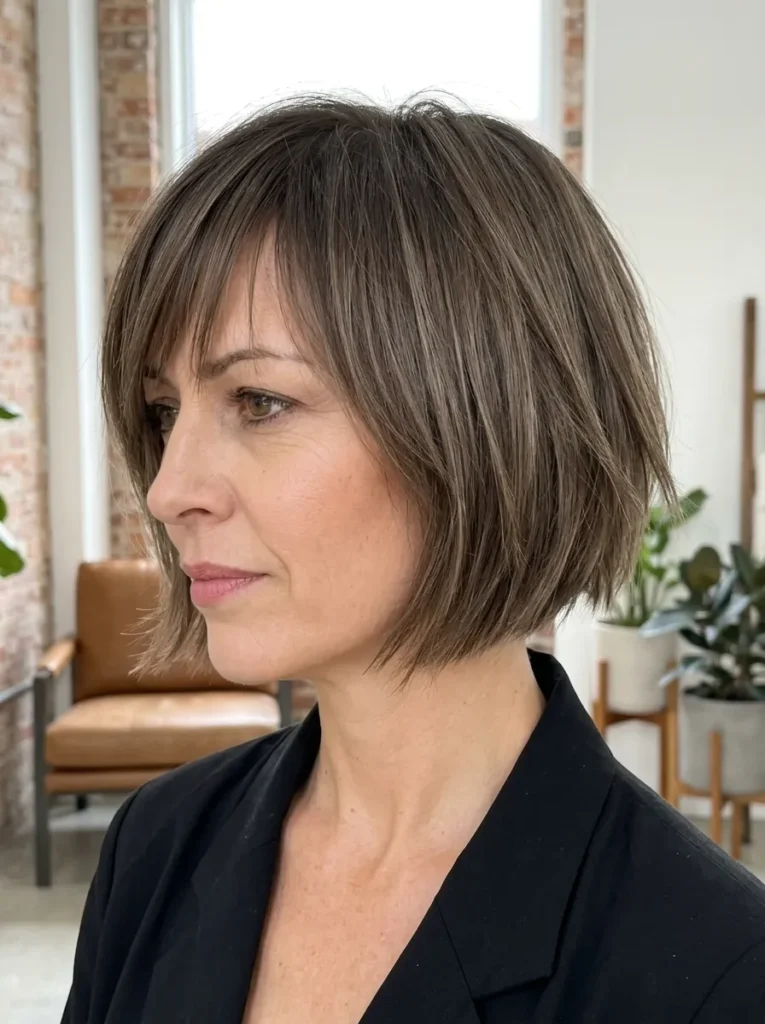 Woman with a textured ash brown bob featuring bangs and a black top