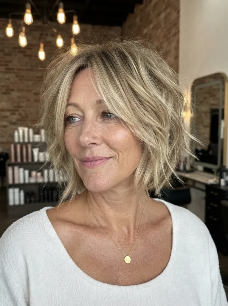 Woman with a textured blonde bob, highlights, a white shirt, and a gold necklace.