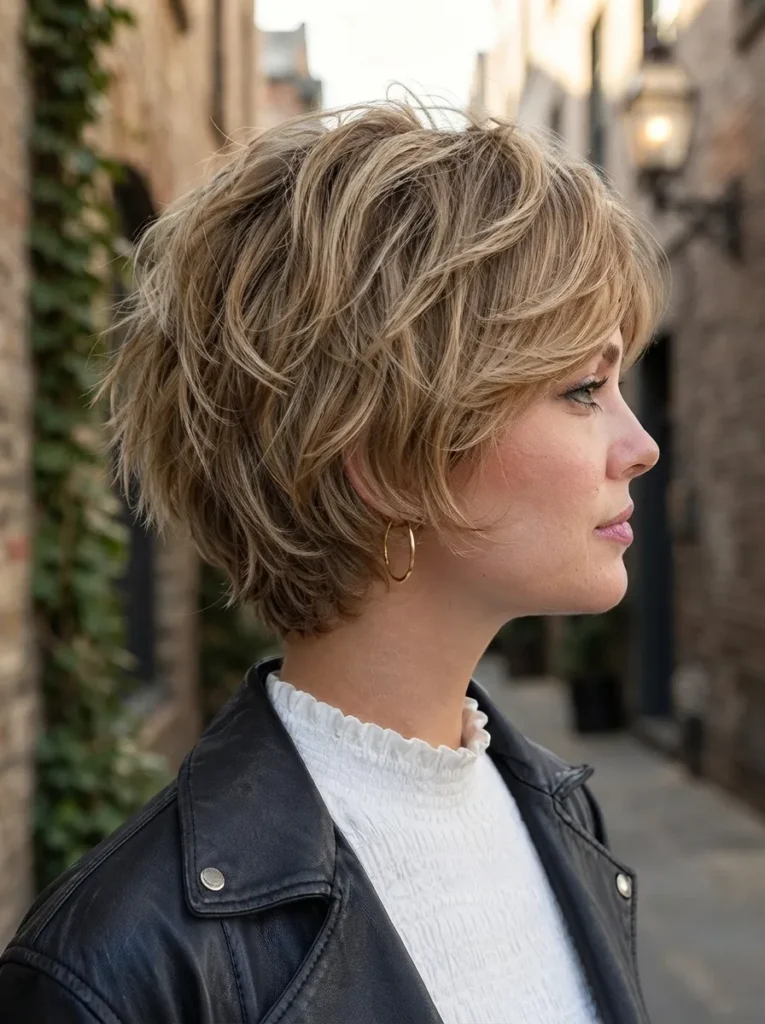 Side profile of a woman with a textured blonde shag bob haircut and gold hoop earrings wearing a black leather jacket outdoors.