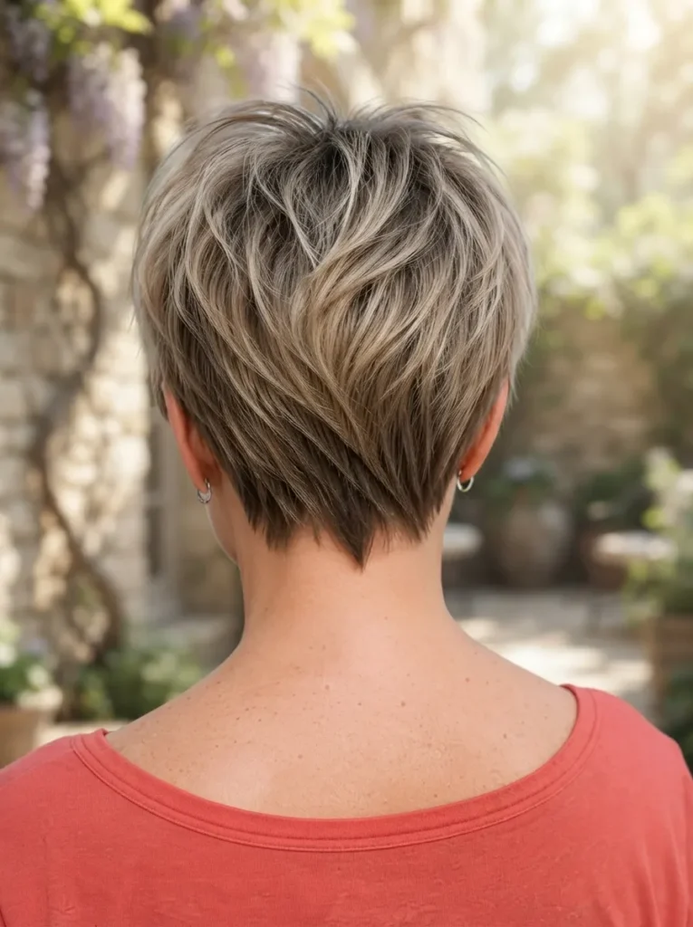 Back view of a woman showcasing a textured blonde pixie shag haircut