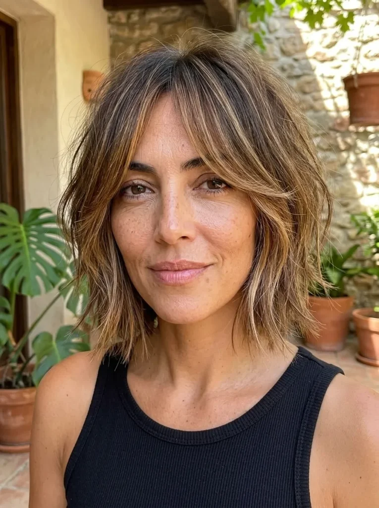 Woman with a copper-red shaggy bob, fringe bangs, and a black cardigan.