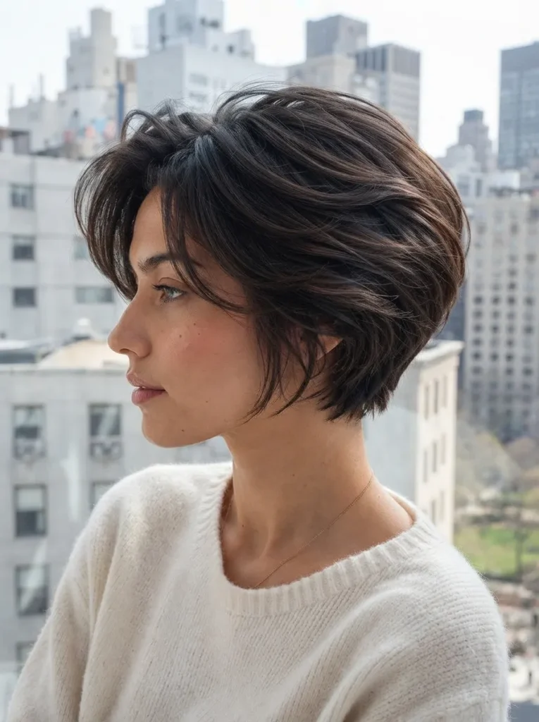 Profile view of a woman with short, voluminous dark brown layered hair and soft side-swept bangs with a city skyline view.