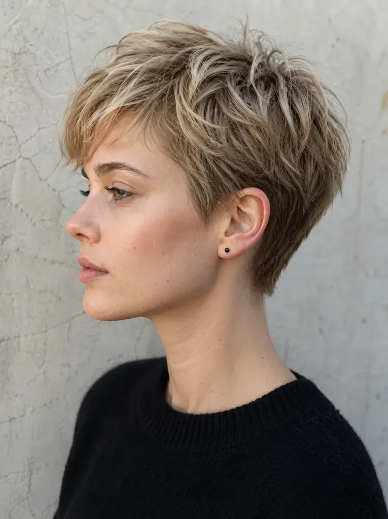 Side profile of a woman with a textured blonde pixie cut with layered bangs, wearing a black sweater.