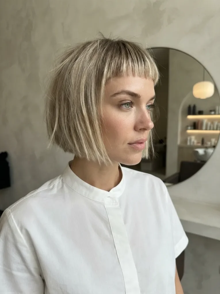 Textured blonde bob with micro bangs and a white shirt