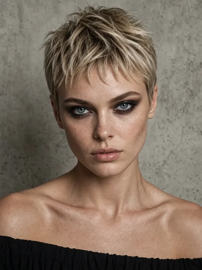 Close-up portrait of a woman featuring a textured, piecey dirty blonde pixie cut with short bangs and smokey eye makeup.