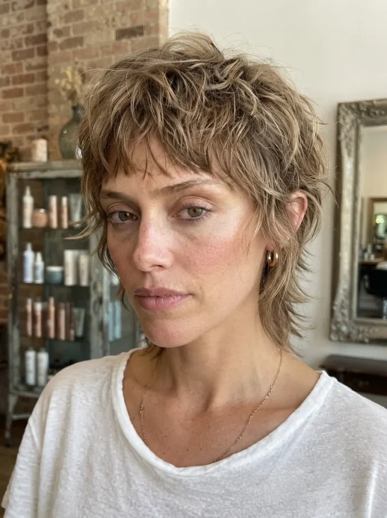 Woman with a shaggy textured blonde wolf-pixie cut, micro bangs, and layered length at the nape