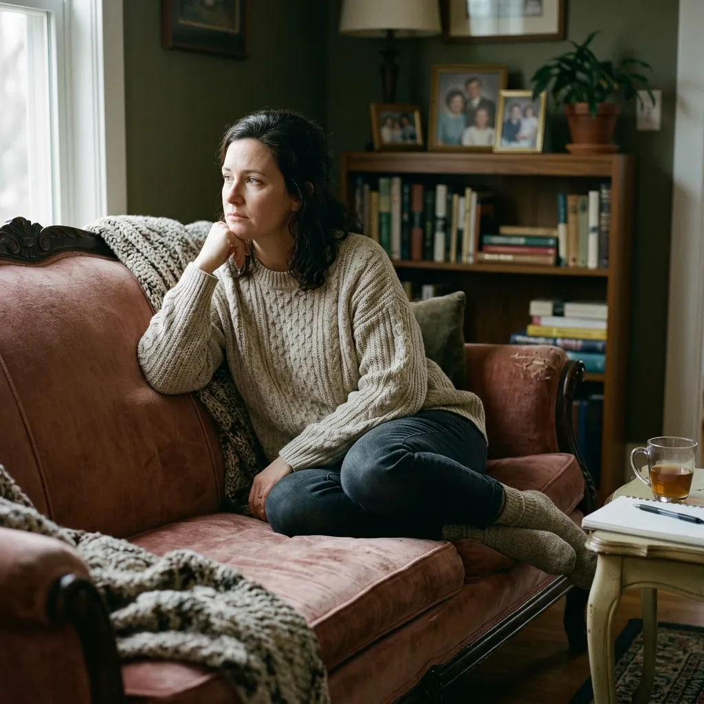 A thoughtful woman sitting comfortably on a pink vintage couch with a cozy blanket, gazing thoughtfully out a bright window next to a cup of tea.