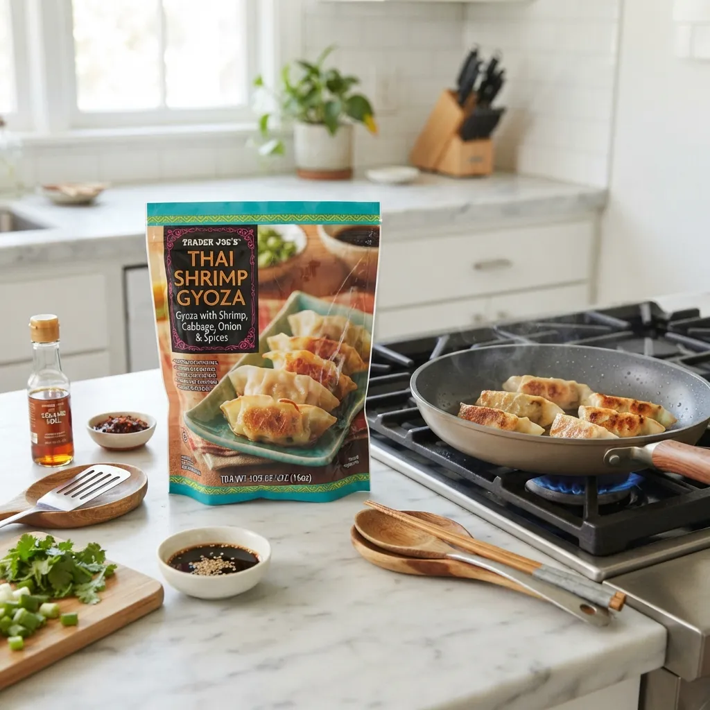 A bag of Trader Joe's Thai Shrimp Gyoza standing on a kitchen countertop next to a frying pan on the stove, a small cutting board with chopped herbs, and a bowl of dipping sauce.