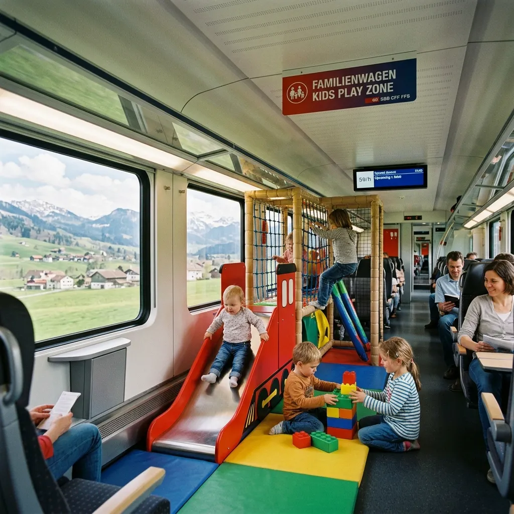 Children playing with a slide and building blocks in the dedicated family carriage play zone on a Swiss Railways train with scenic mountain views outside.