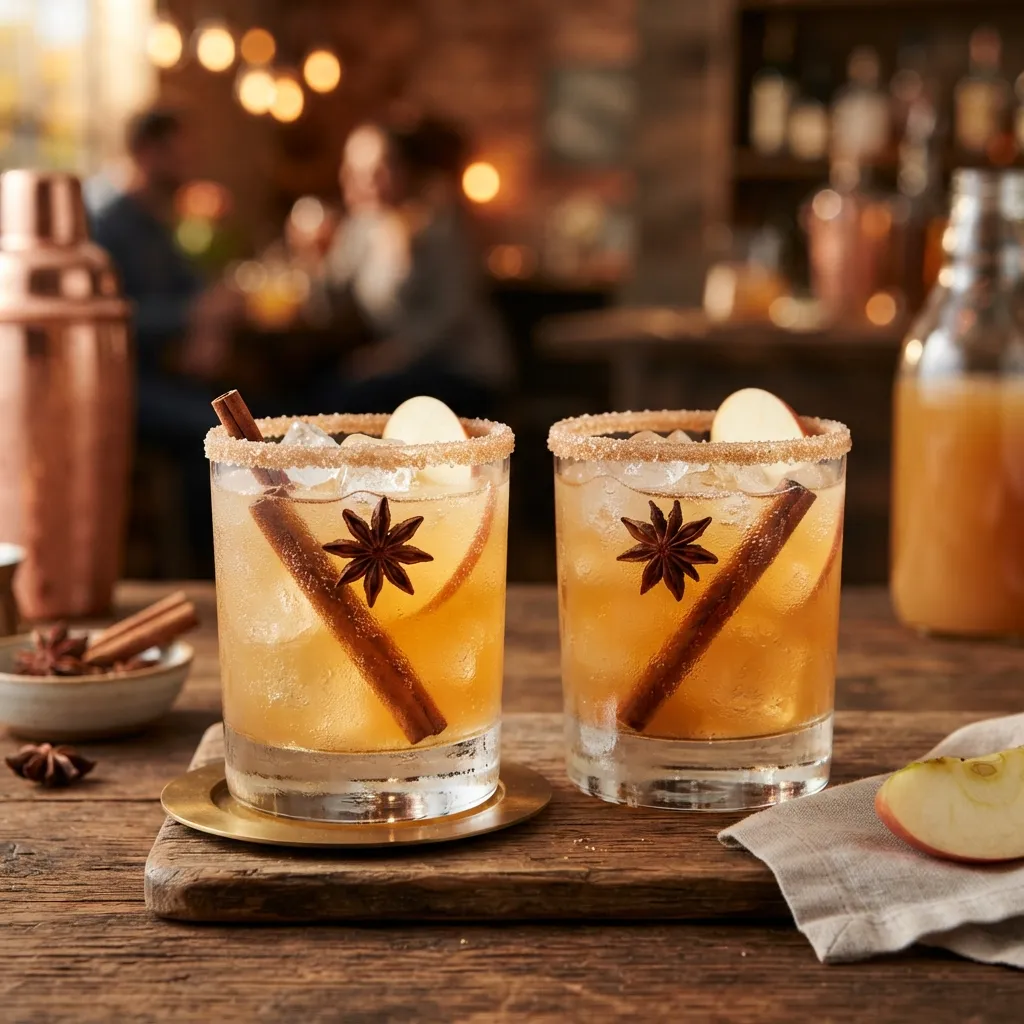 Two iced apple cider cocktails garnished with cinnamon sticks, star anise, apple slices, and sugar rims on a wooden board.