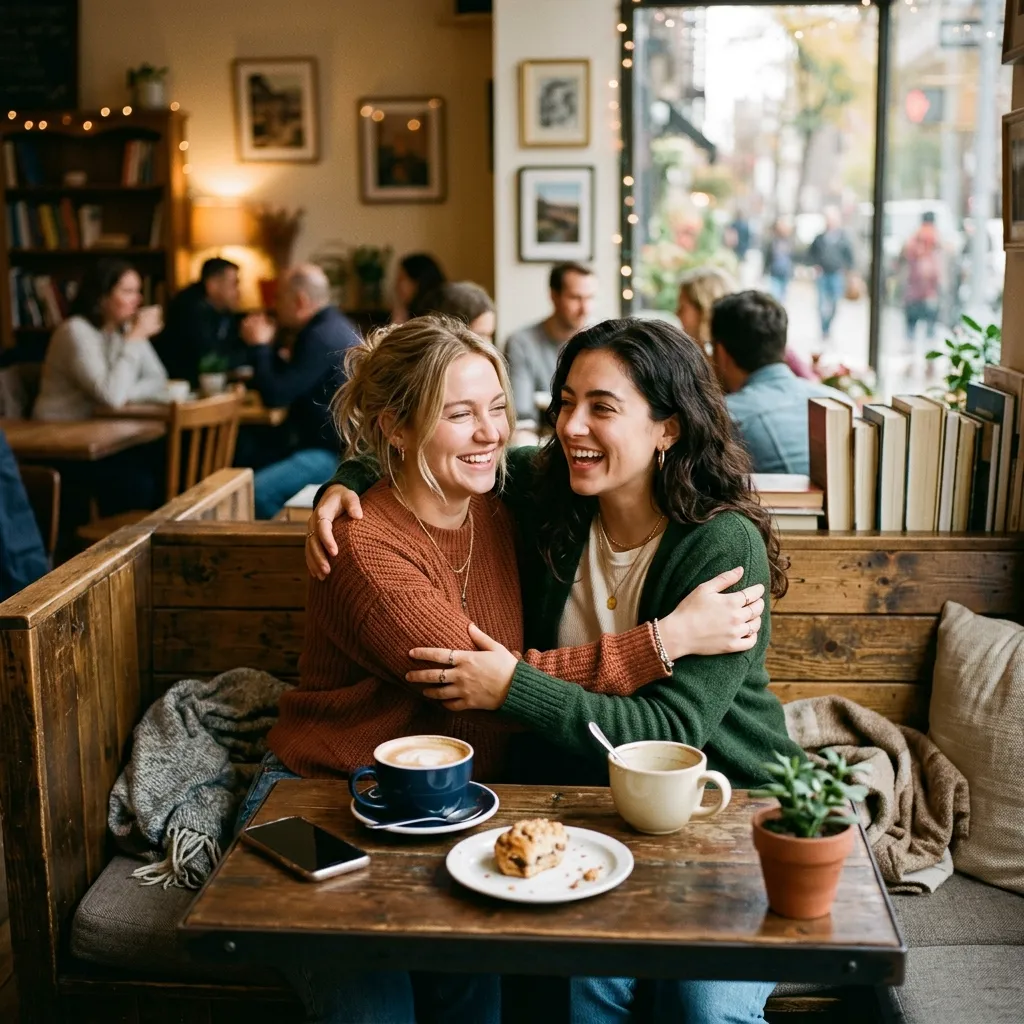 Two smiling women embracing each other while sitting in a cozy booth at a cafe with coffee cups and a pastry on the table.