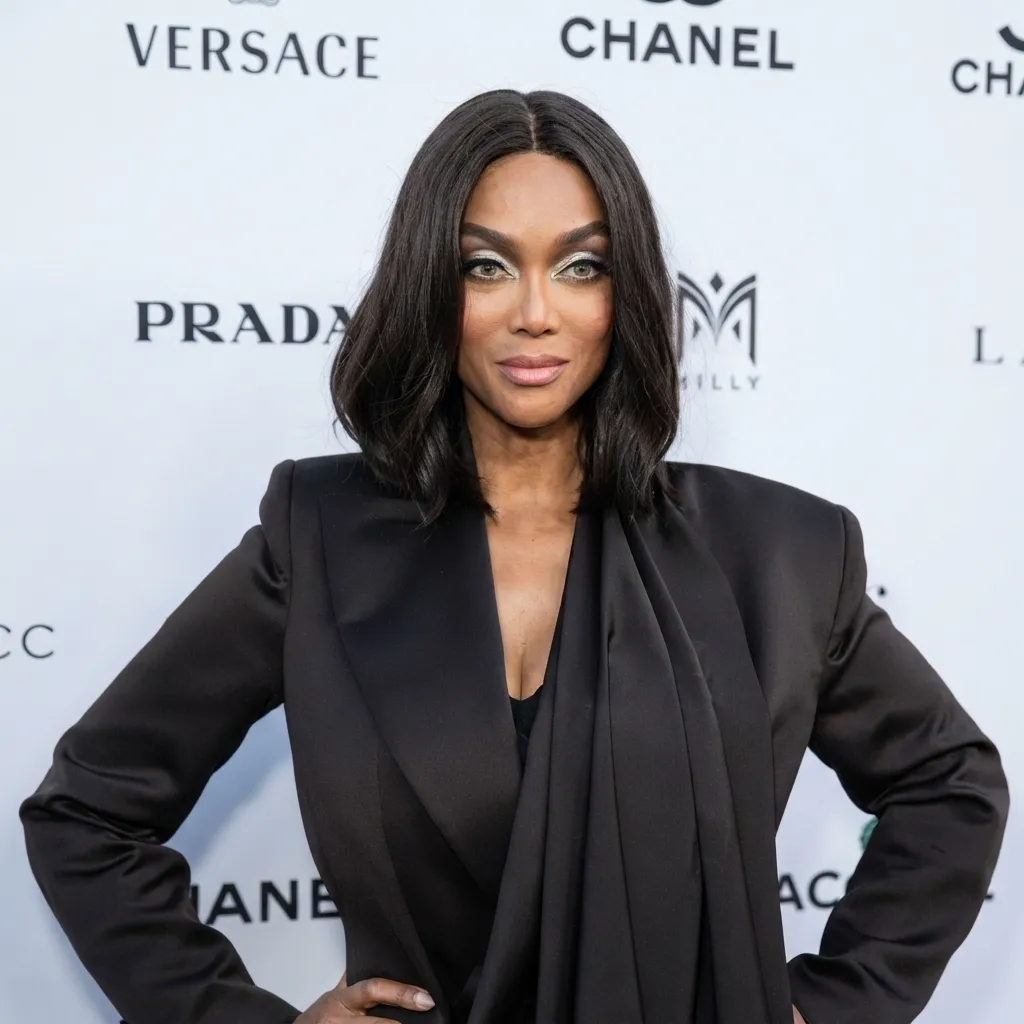 Tyra Banks posing in a black blazer on a white step-and-repeat event backdrop featuring designer brand names.