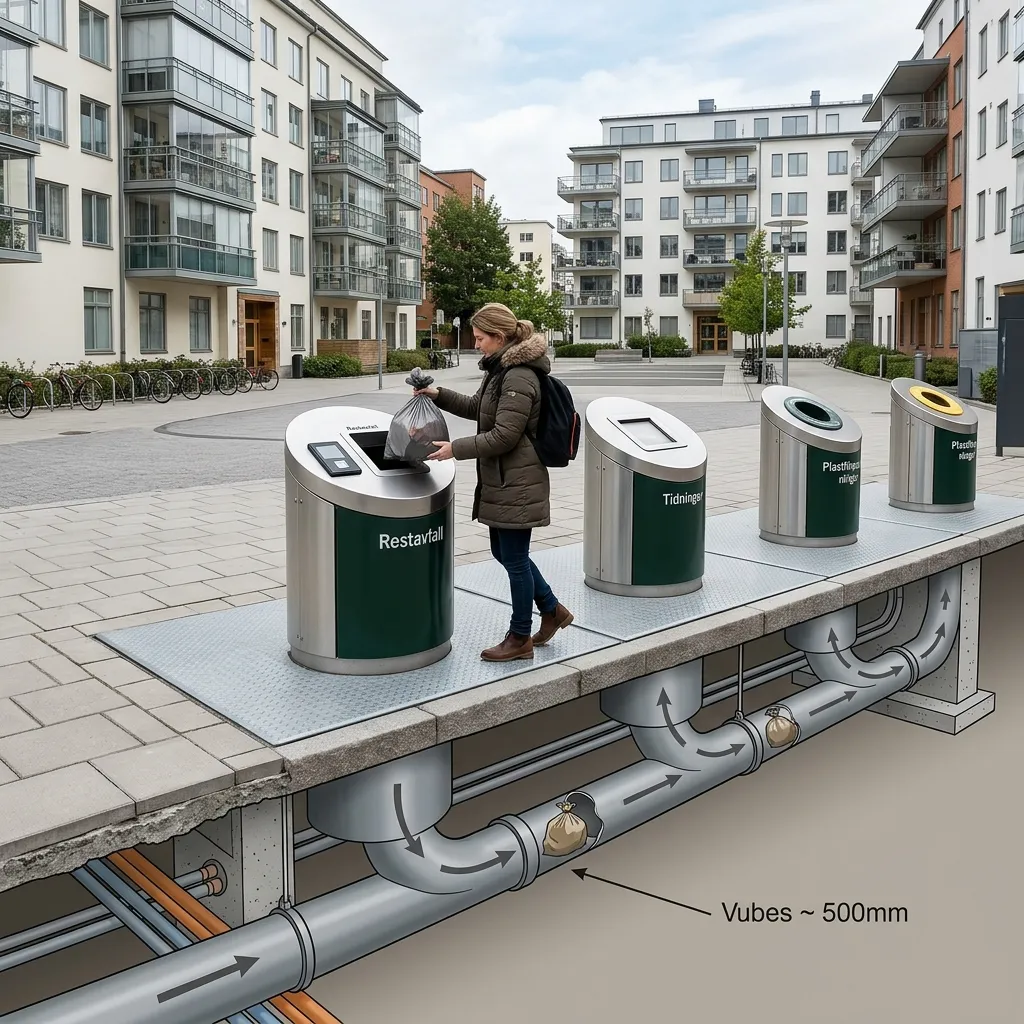 A woman disposing of a trash bag in an automated underground vacuum waste collection system station in a Swedish residential area, with a cutaway diagram showing subterranean pipes.
