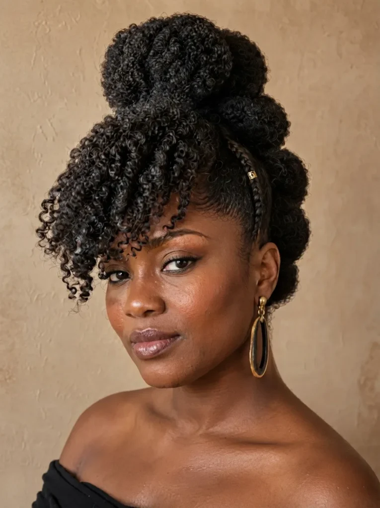 A Black woman wearing a vertical bubble puff updo with curly bangs framing her forehead and a side braid with a gold cuff.