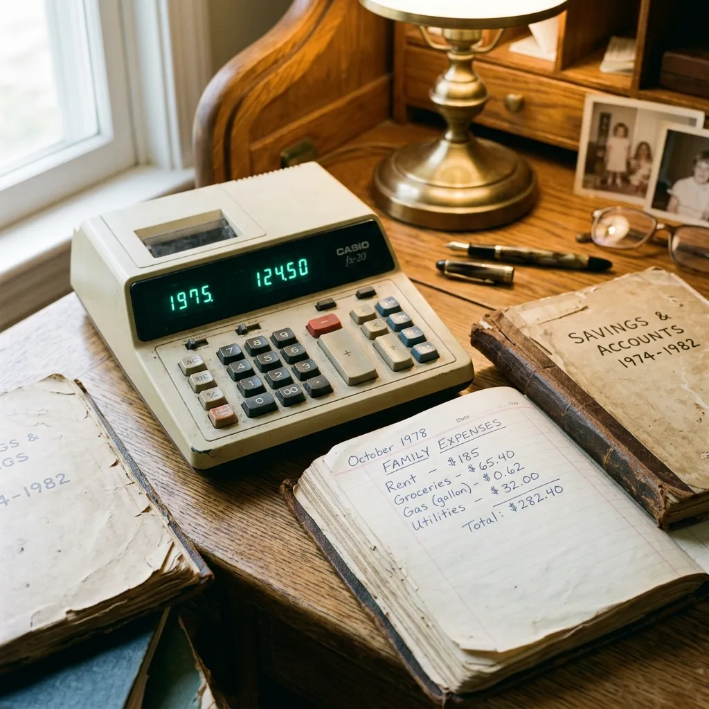 A vintage Casio electronic calculator with glowing green LED numbers sitting on a wooden desk next to open financial logbooks and a family budget ledger for October 1978.