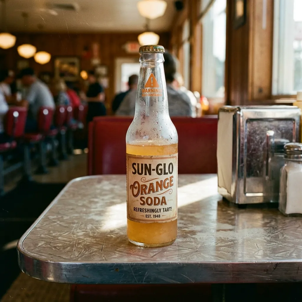 A vintage glass bottle of Sun-Glo Orange Soda with a warning label sitting on a retro diner table.