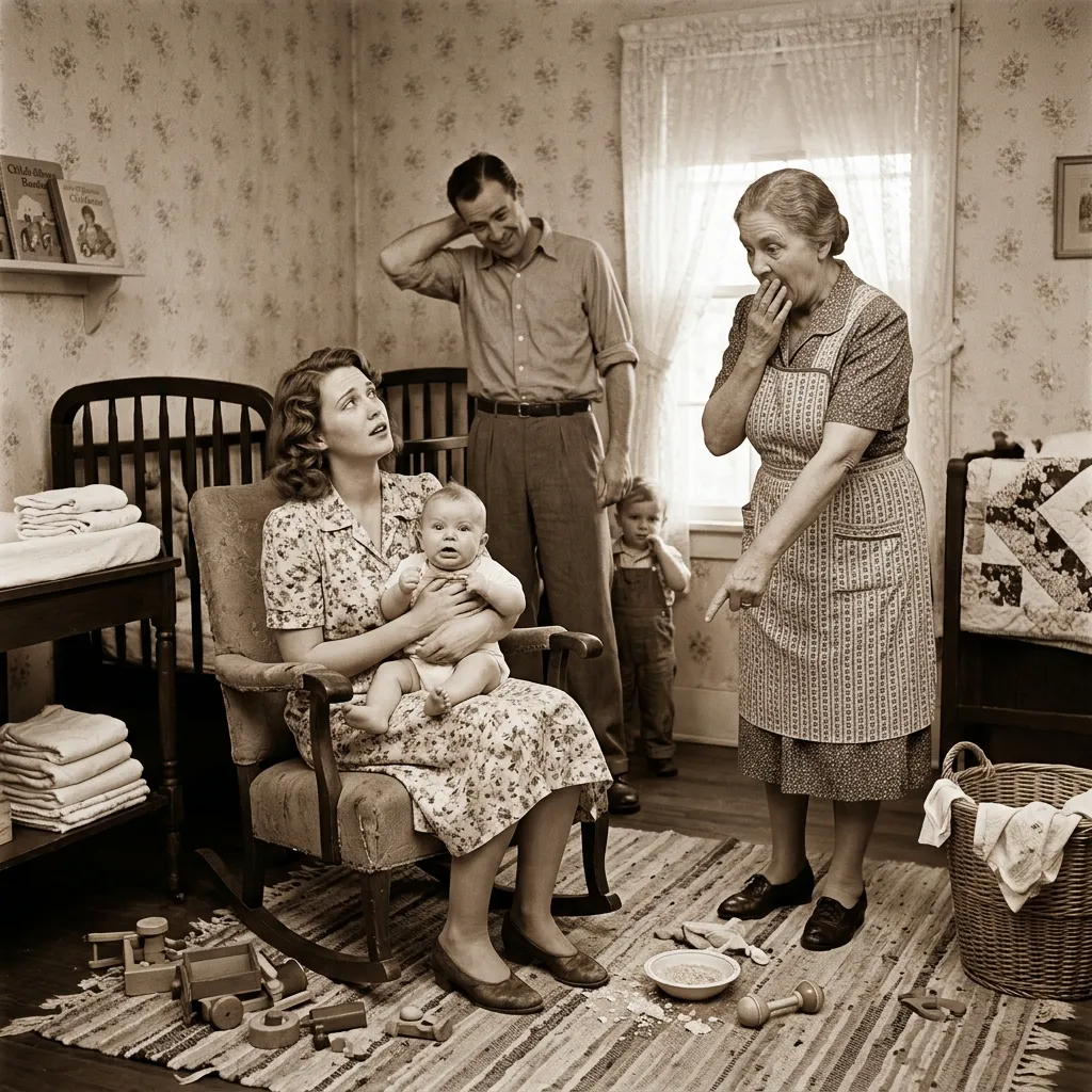 A vintage-style sepia photo of a family argument in a nursery, with an upset mother holding a baby, a confused father, an older woman pointing sternly at spilled cereal on the floor, and a young toddler watching.